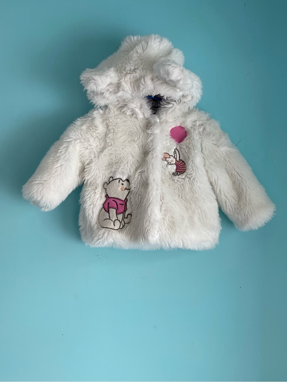 Disney Baby Faux Fur Winnie The Pooh Piglet Coat 6-12M Hooded Ears White Pink